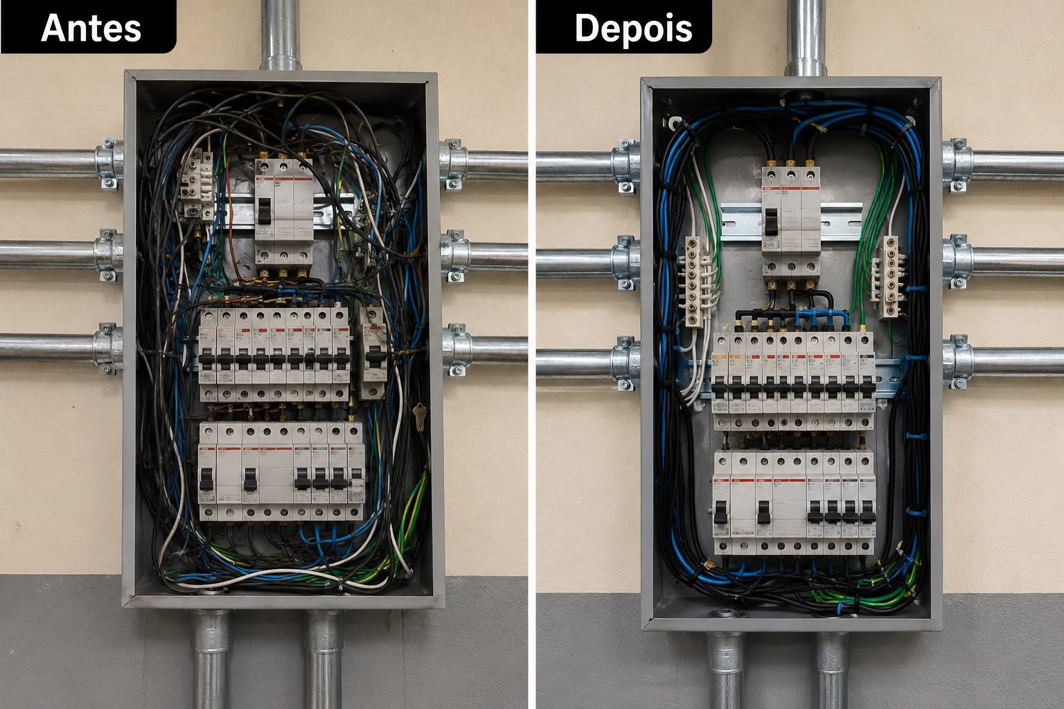 Antes e depois de instalação elétrica